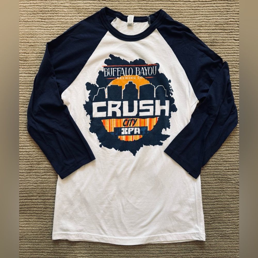 Buffalo Bayou Brewing Co. T-Shirt Women’s Blue & White Baseball 3/4 Sleeve Small